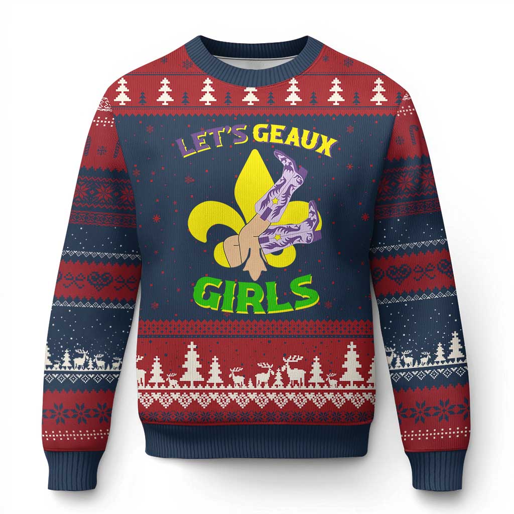 Funny Mardi Gras Cowgirl Ugly Christmas Sweater Let's Geaux Girls Fleur De Lys TS11 Navy Red Print Your Wear