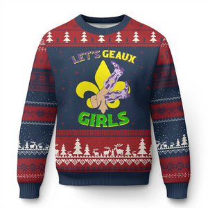 Funny Mardi Gras Cowgirl Ugly Christmas Sweater Let's Geaux Girls Fleur De Lys TS11 Navy Red Print Your Wear
