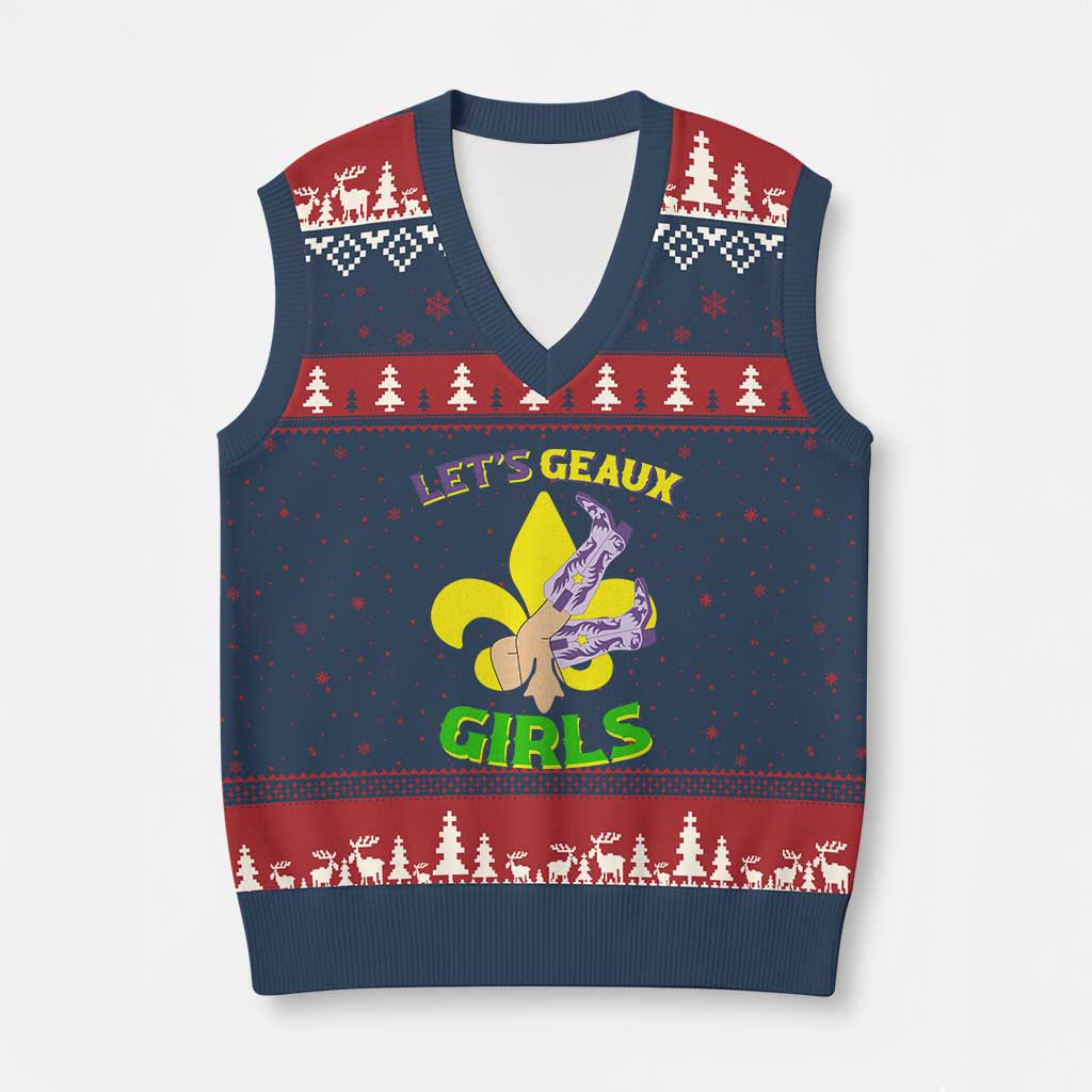 Funny Mardi Gras Cowgirl V-Neck Knit Sweater Vest Let's Geaux Girls Fleur De Lys TS11 Navy Red Print Your Wear