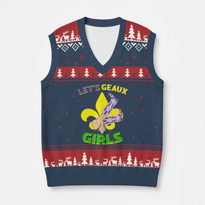 Funny Mardi Gras Cowgirl V-Neck Knit Sweater Vest Let's Geaux Girls Fleur De Lys TS11 Navy Red Print Your Wear