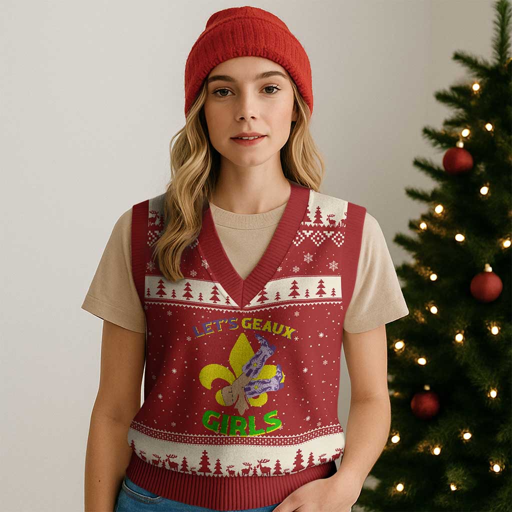 Funny Mardi Gras Cowgirl V-Neck Knit Sweater Vest Let's Geaux Girls Fleur De Lys TS11 Red Beige Print Your Wear