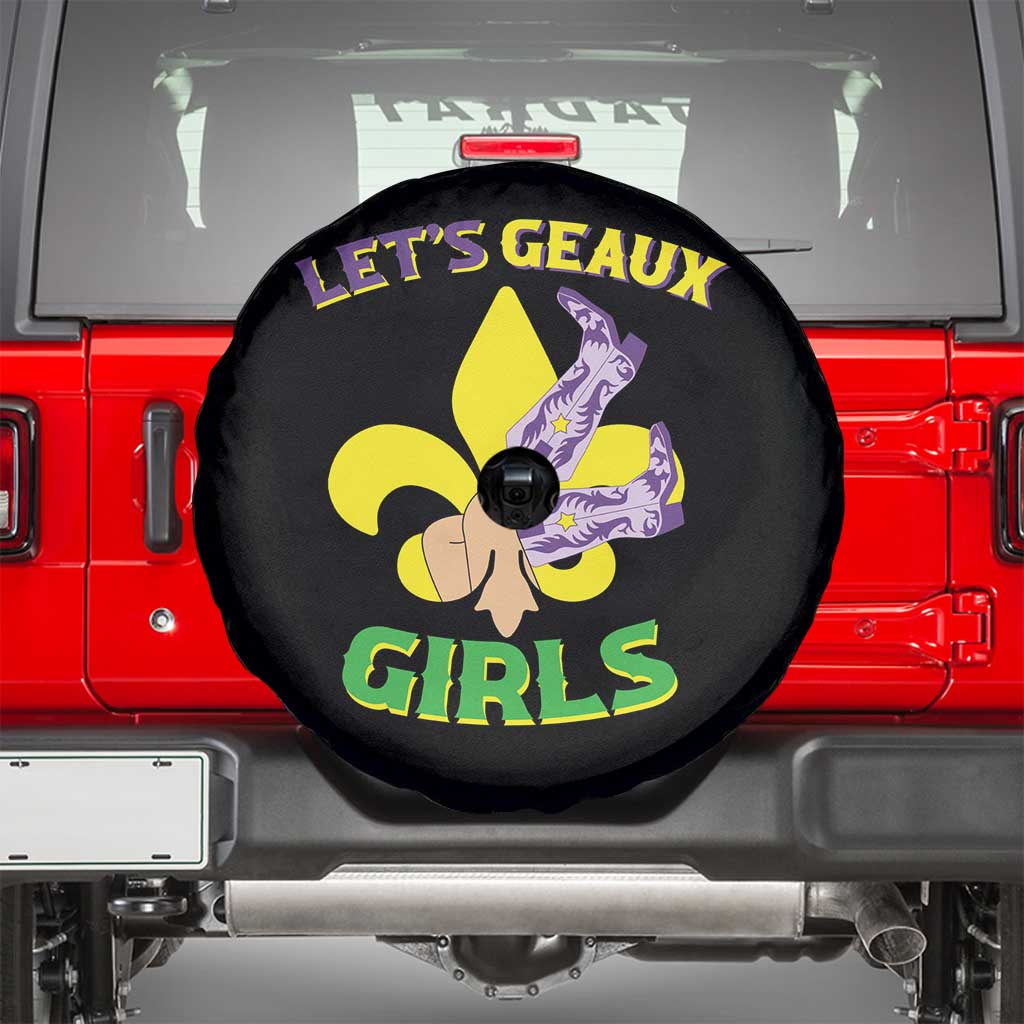 Funny Mardi Gras Cowgirl Spare Tire Cover Let's Geaux Girls Fleur De Lys TS11 Black Print Your Wear