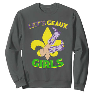 Funny Mardi Gras Cowgirl Sweatshirt Let's Geaux Girls Fleur De Lys TS11 Dark Heather Print Your Wear