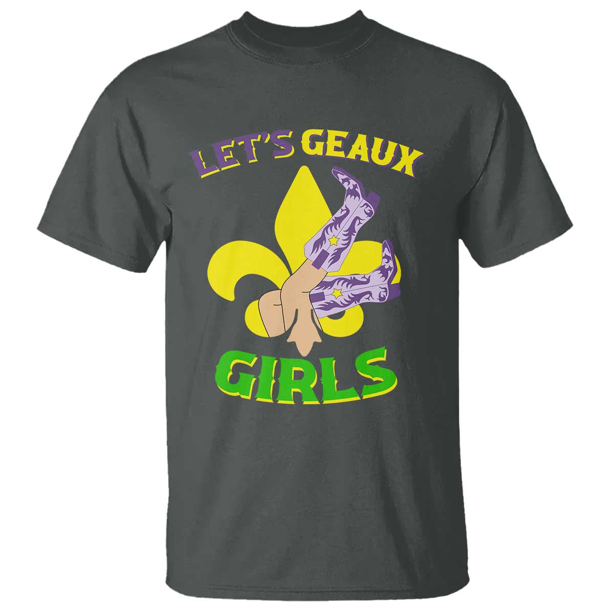 Funny Mardi Gras Cowgirl T Shirt Let's Geaux Girls Fleur De Lys TS11 Dark Heather Print Your Wear