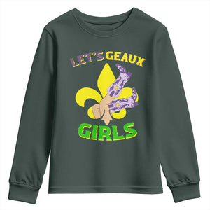 Funny Mardi Gras Cowgirl Youth Sweatshirt Let's Geaux Girls Fleur De Lys TS11 Dark Forest Green Print Your Wear