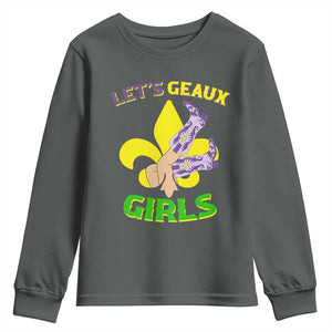 Funny Mardi Gras Cowgirl Youth Sweatshirt Let's Geaux Girls Fleur De Lys TS11 Dark Heather Print Your Wear