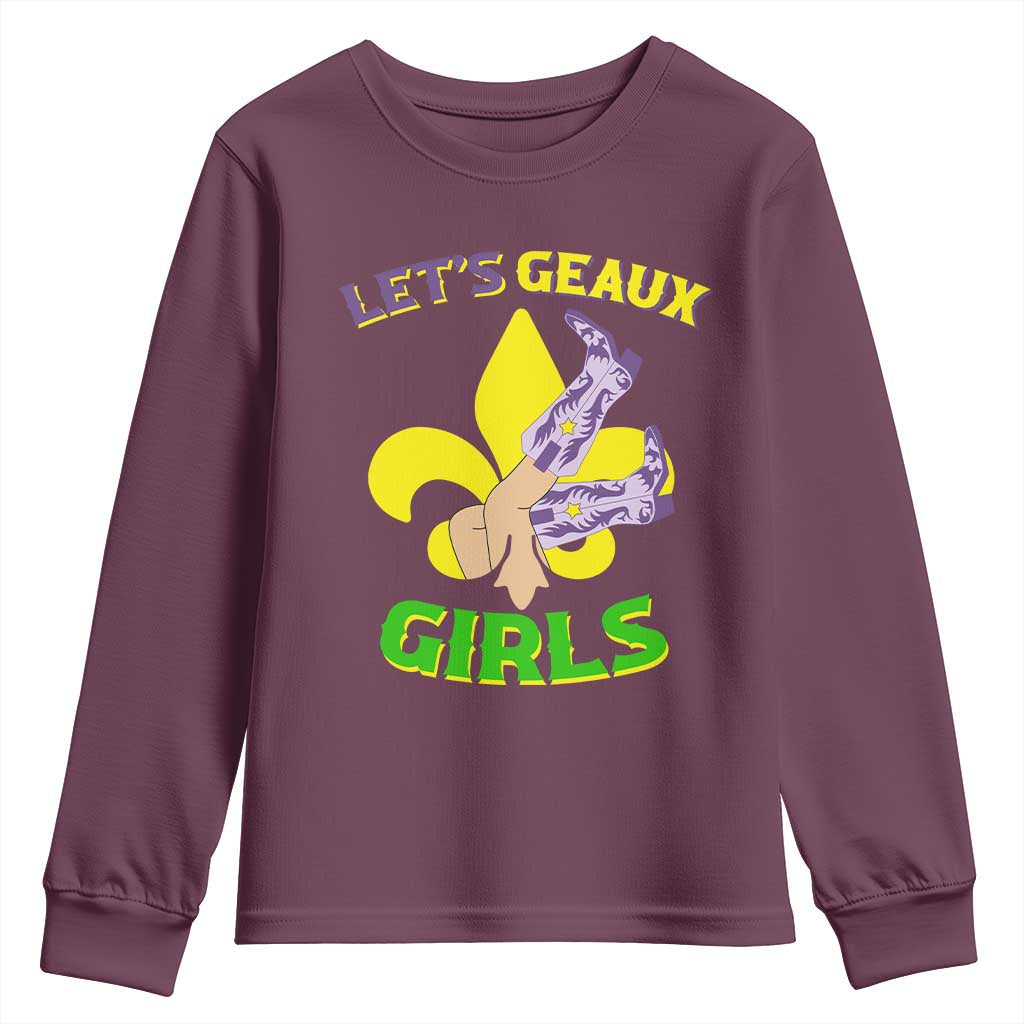 Funny Mardi Gras Cowgirl Youth Sweatshirt Let's Geaux Girls Fleur De Lys TS11 Maroon Print Your Wear