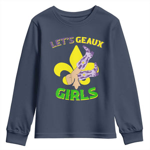 Funny Mardi Gras Cowgirl Youth Sweatshirt Let's Geaux Girls Fleur De Lys TS11 Navy Print Your Wear