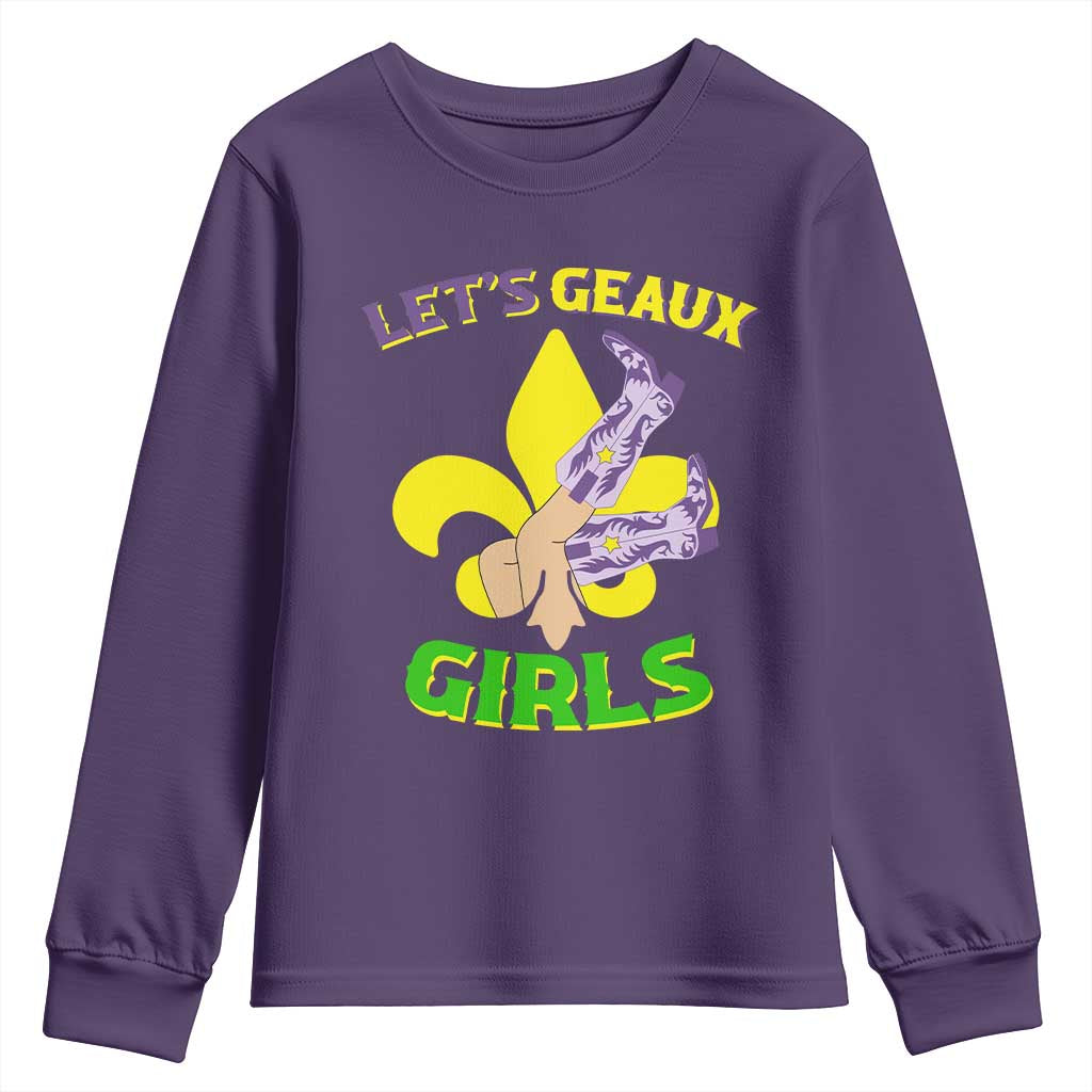 Funny Mardi Gras Cowgirl Youth Sweatshirt Let's Geaux Girls Fleur De Lys TS11 Purple Print Your Wear