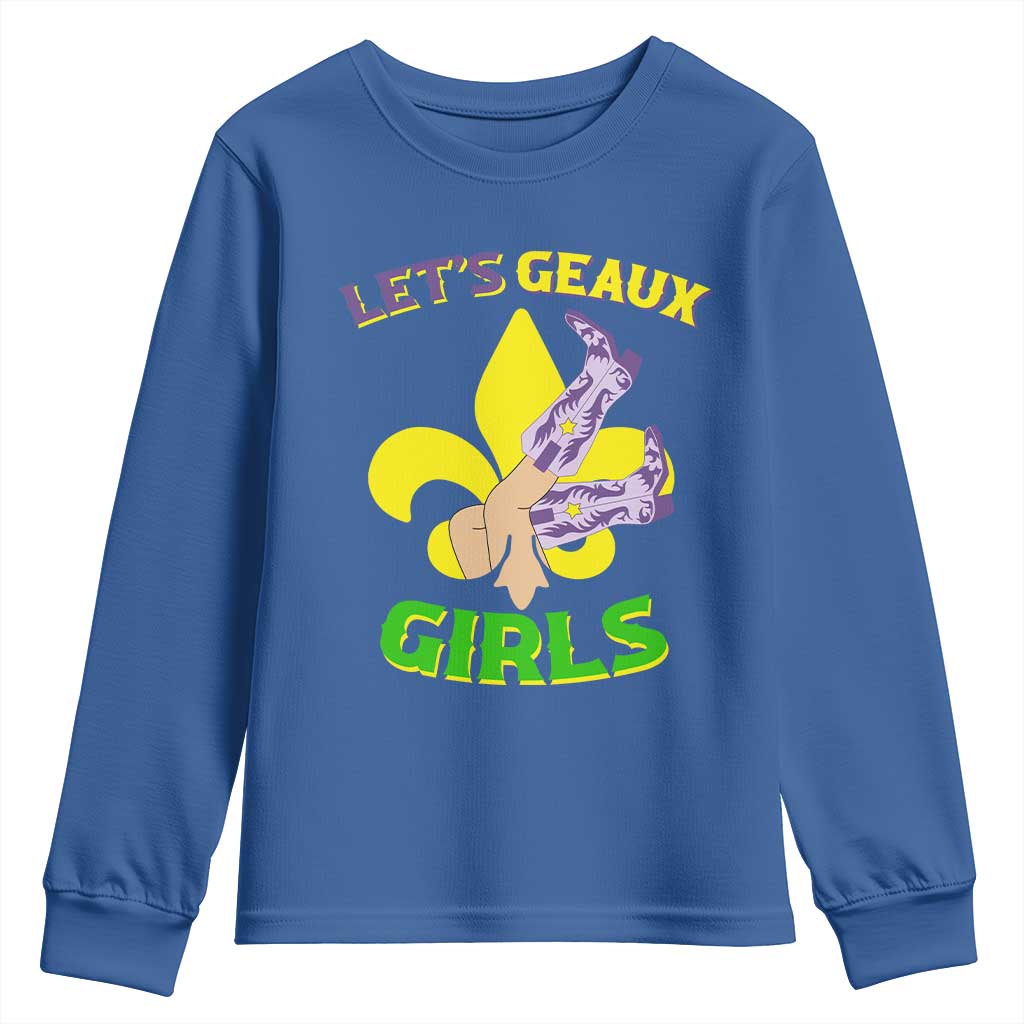 Funny Mardi Gras Cowgirl Youth Sweatshirt Let's Geaux Girls Fleur De Lys TS11 Royal Blue Print Your Wear