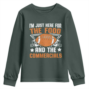 Funny American Football I'm Just Here For The Food And The Commercials Youth Sweatshirt Football Helmet TS11 Dark Forest Green Print Your Wear