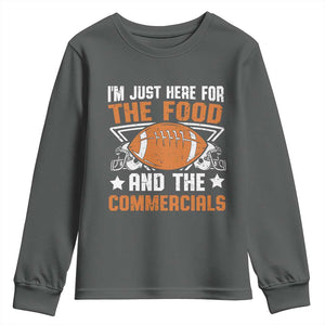 Funny American Football I'm Just Here For The Food And The Commercials Youth Sweatshirt Football Helmet TS11 Dark Heather Print Your Wear