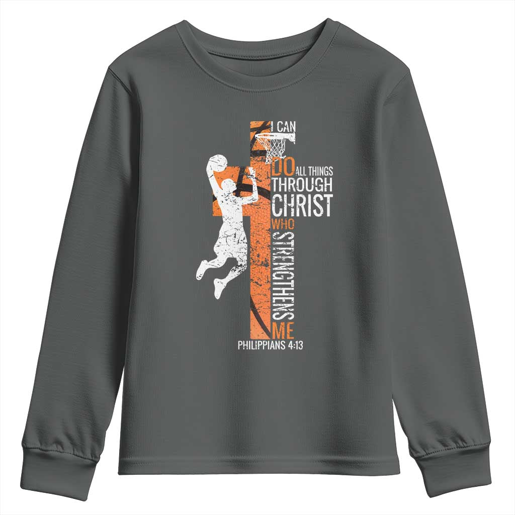 Funny Basketball Christian Youth Sweatshirt I Can Do All Things Through Christ Who Strengthens Me TS11 Dark Heather Print Your Wear