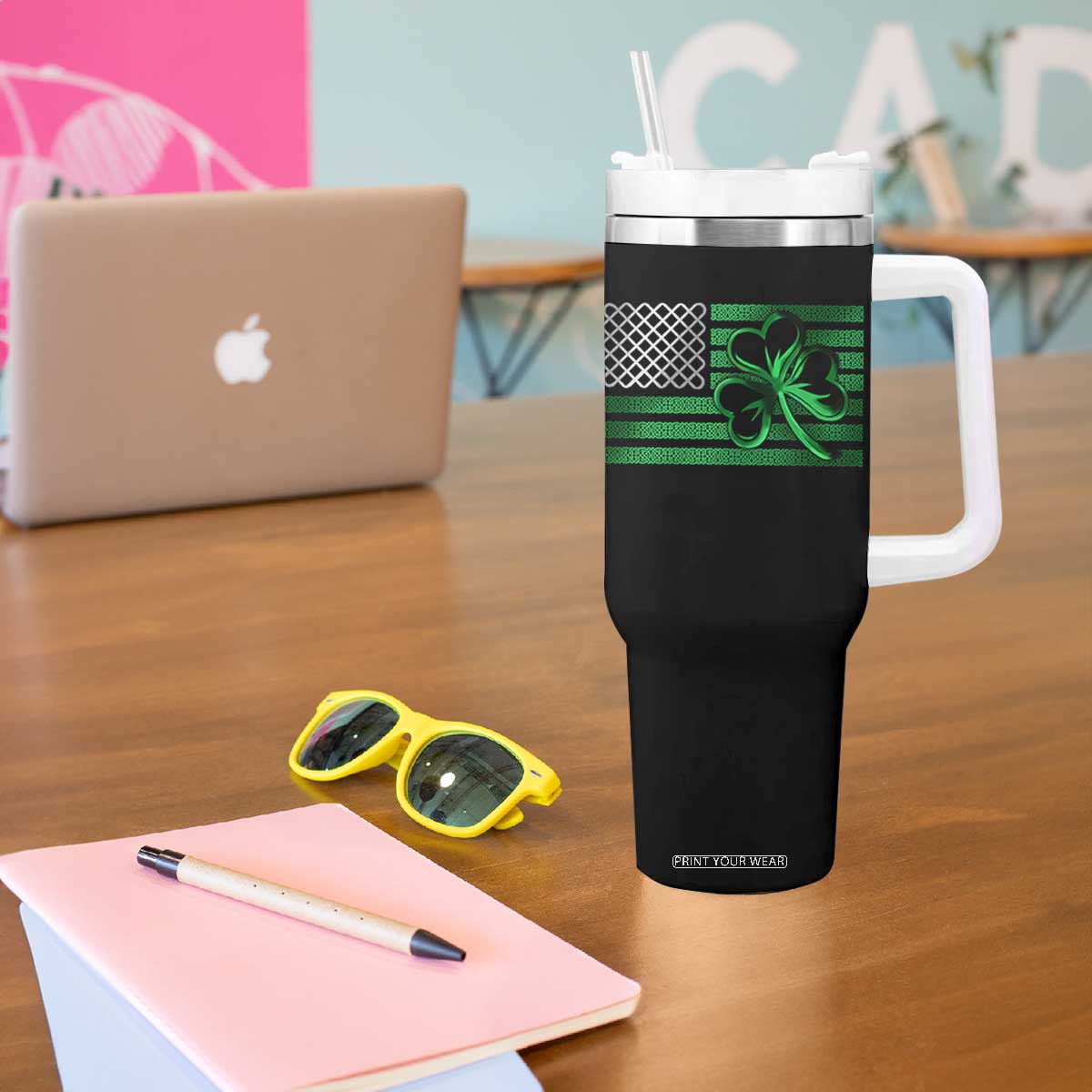 Funny Irish Americans Tumbler With Handle Shamrock Celtic Knot American Flag St Patrick's Day TS11 Print Your Wear