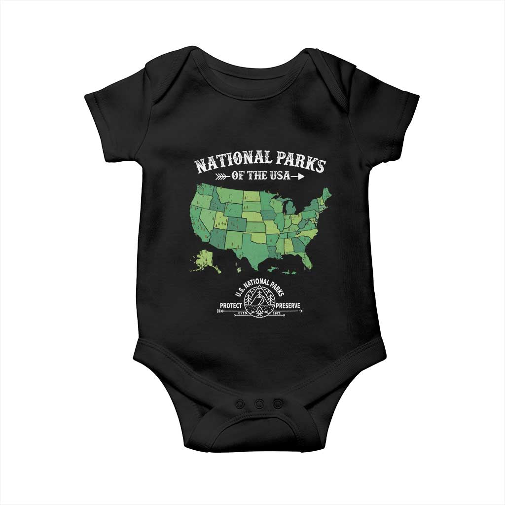 Protect And Preserve National Parks Baby Onesie ESTD 1872 Vintage Forest American Map TS11 Black Print Your Wear