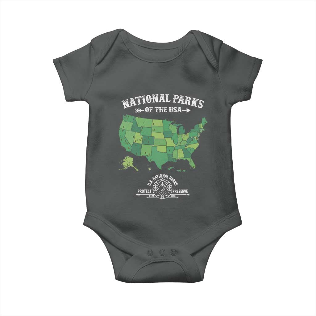 Protect And Preserve National Parks Baby Onesie ESTD 1872 Vintage Forest American Map TS11 Dark Heather Print Your Wear