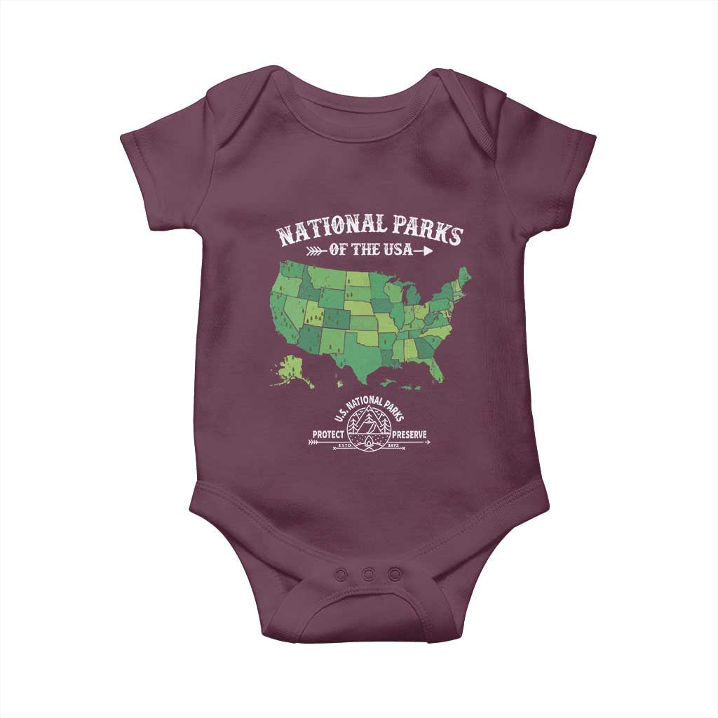 Protect And Preserve National Parks Baby Onesie ESTD 1872 Vintage Forest American Map TS11 Maroon Print Your Wear