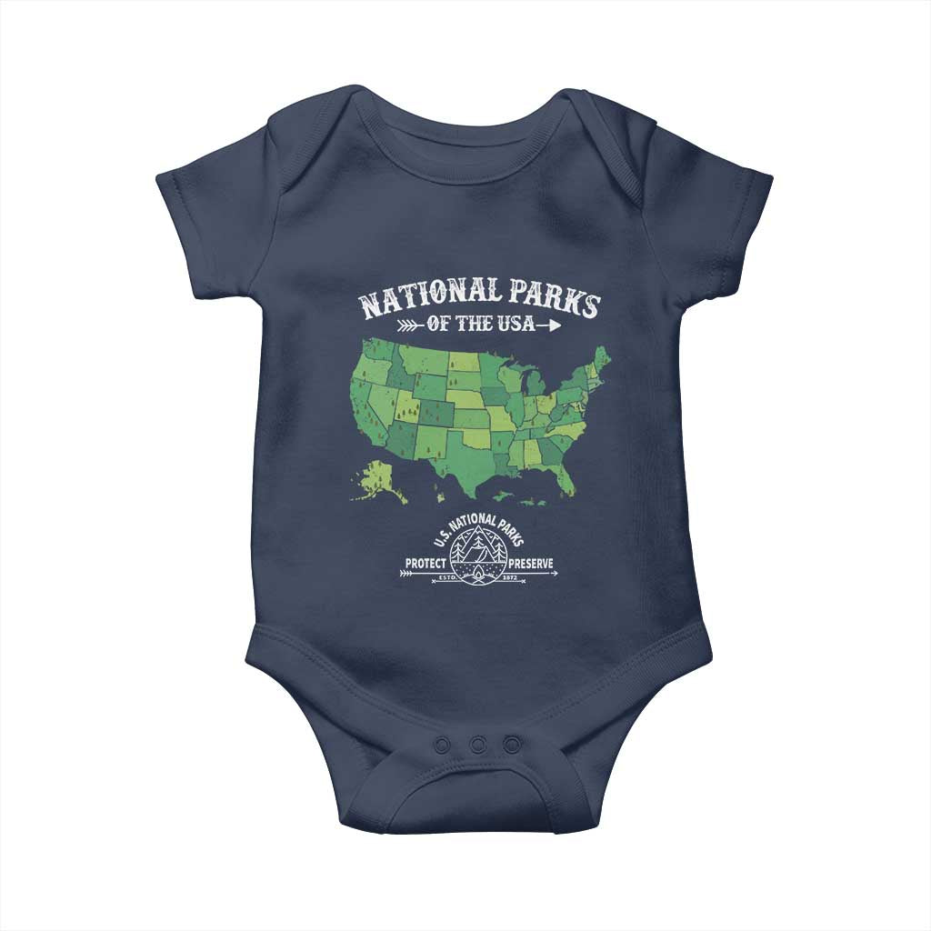 Protect And Preserve National Parks Baby Onesie ESTD 1872 Vintage Forest American Map TS11 Navy Print Your Wear