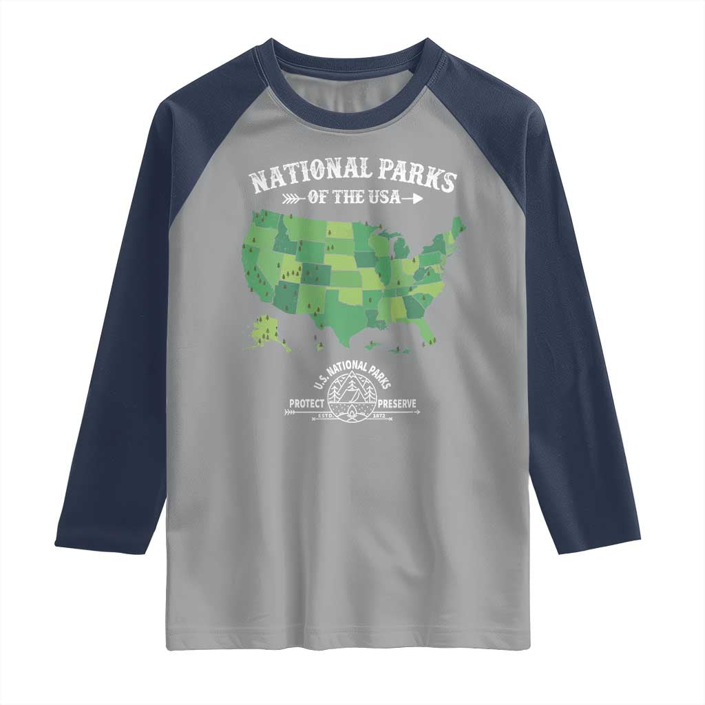 Protect And Preserve National Parks Raglan Shirt ESTD 1872 Vintage Forest American Map TS11 Sport Gray Navy Print Your Wear