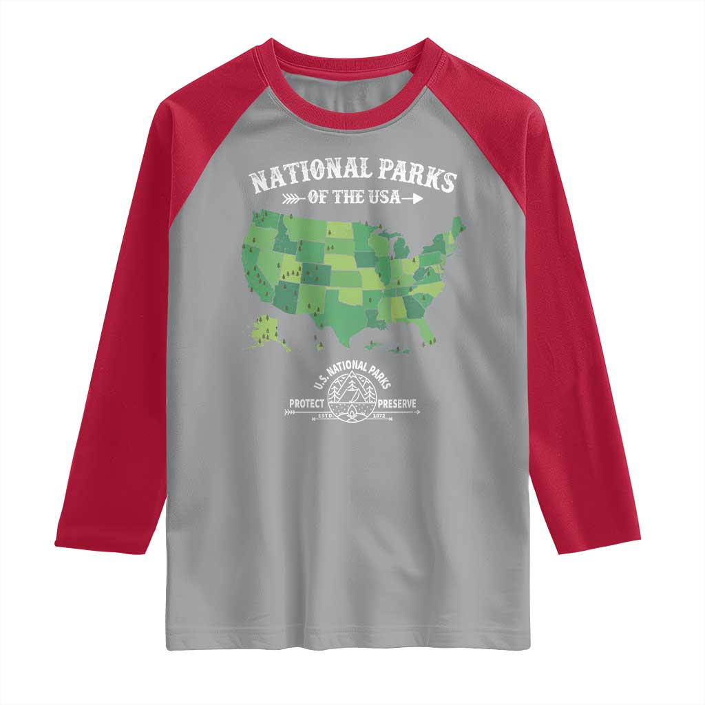 Protect And Preserve National Parks Raglan Shirt ESTD 1872 Vintage Forest American Map TS11 Sport Gray Red Print Your Wear