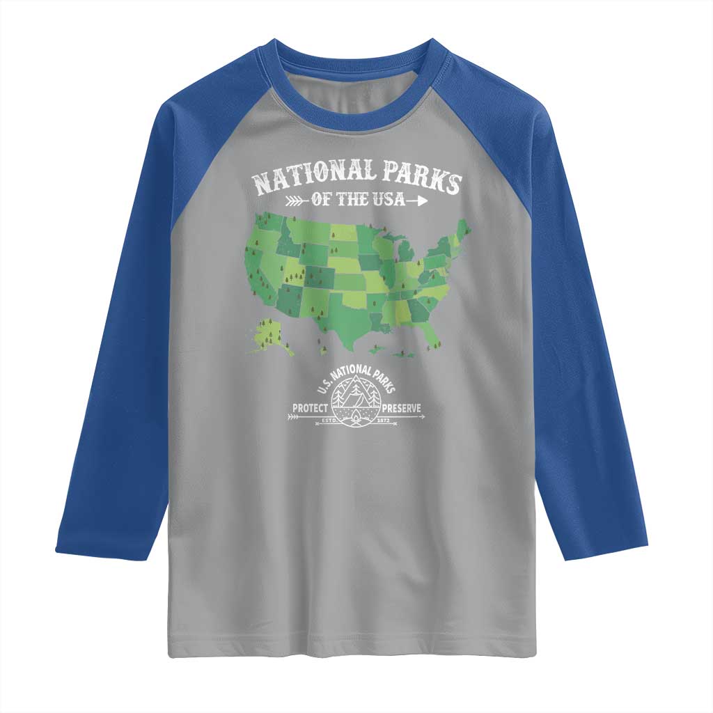 Protect And Preserve National Parks Raglan Shirt ESTD 1872 Vintage Forest American Map TS11 Sport Gray Royal Print Your Wear
