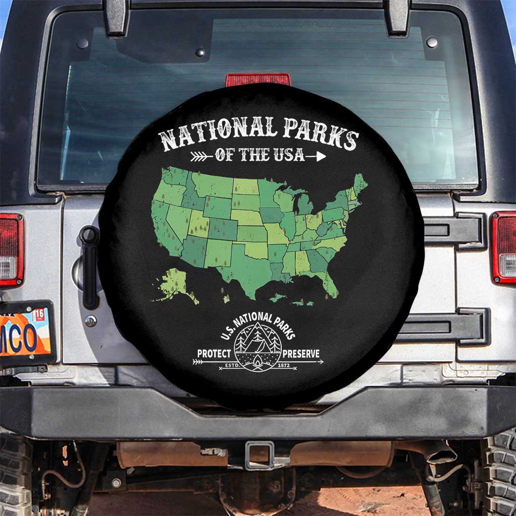 Protect And Preserve National Parks Spare Tire Cover ESTD 1872 Vintage Forest American Map TS11 No hole Black Print Your Wear