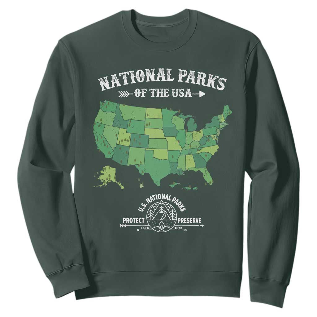 Protect And Preserve National Parks Sweatshirt ESTD 1872 Vintage Forest American Map TS11 Dark Forest Green Print Your Wear