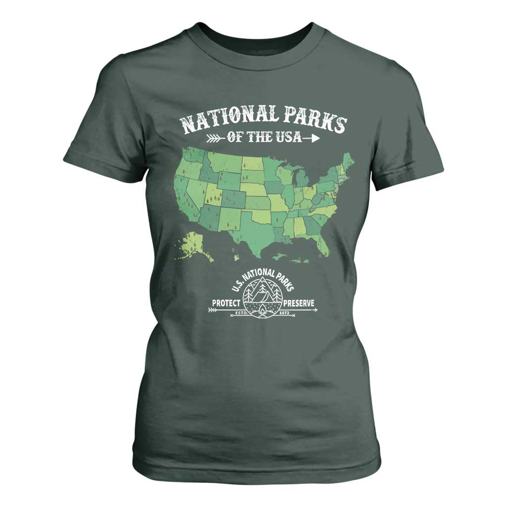Protect And Preserve National Parks T Shirt For Women ESTD 1872 Vintage Forest American Map TS11 Dark Forest Green Print Your Wear