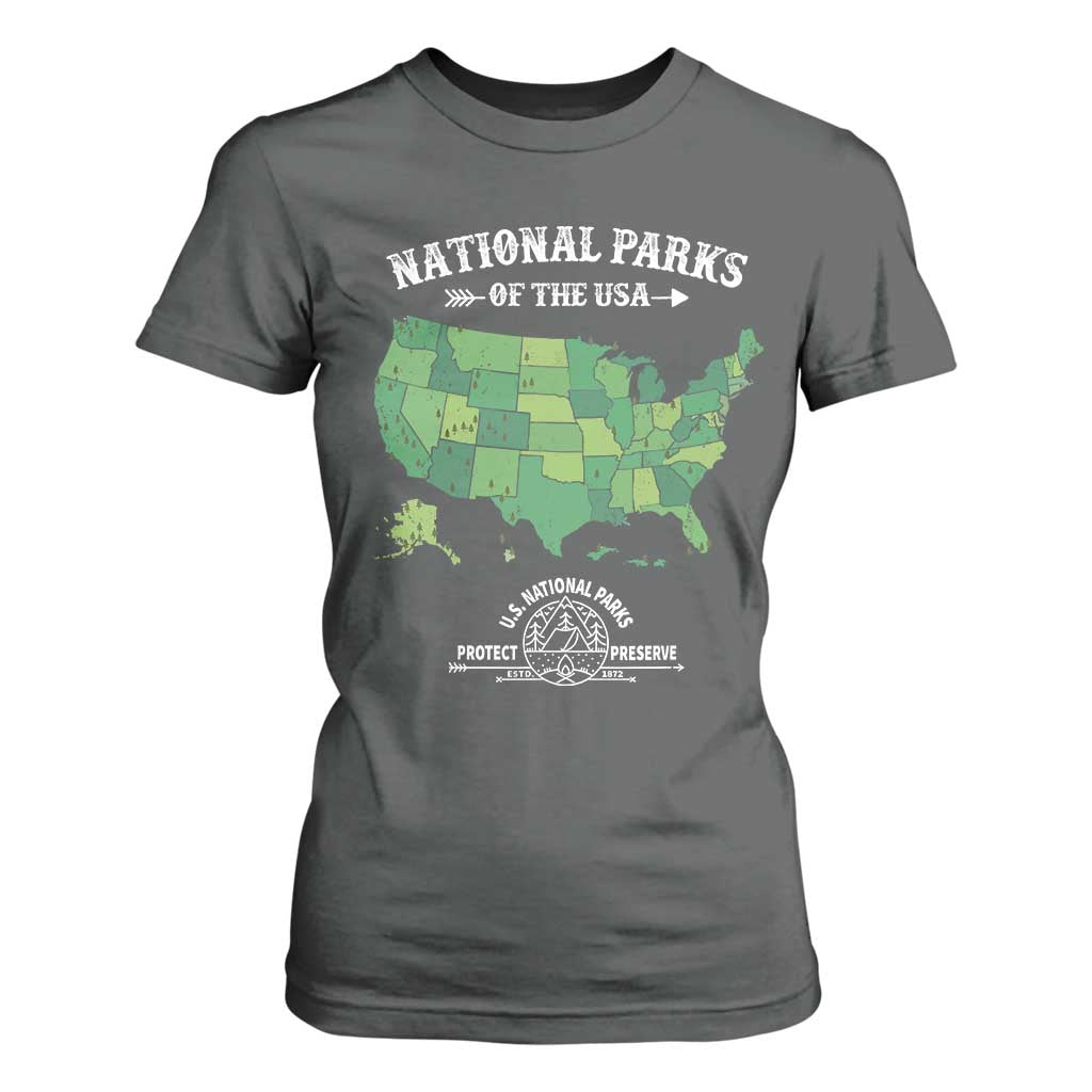 Protect And Preserve National Parks T Shirt For Women ESTD 1872 Vintage Forest American Map TS11 Dark Heather Print Your Wear