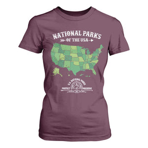 Protect And Preserve National Parks T Shirt For Women ESTD 1872 Vintage Forest American Map TS11 Maroon Print Your Wear
