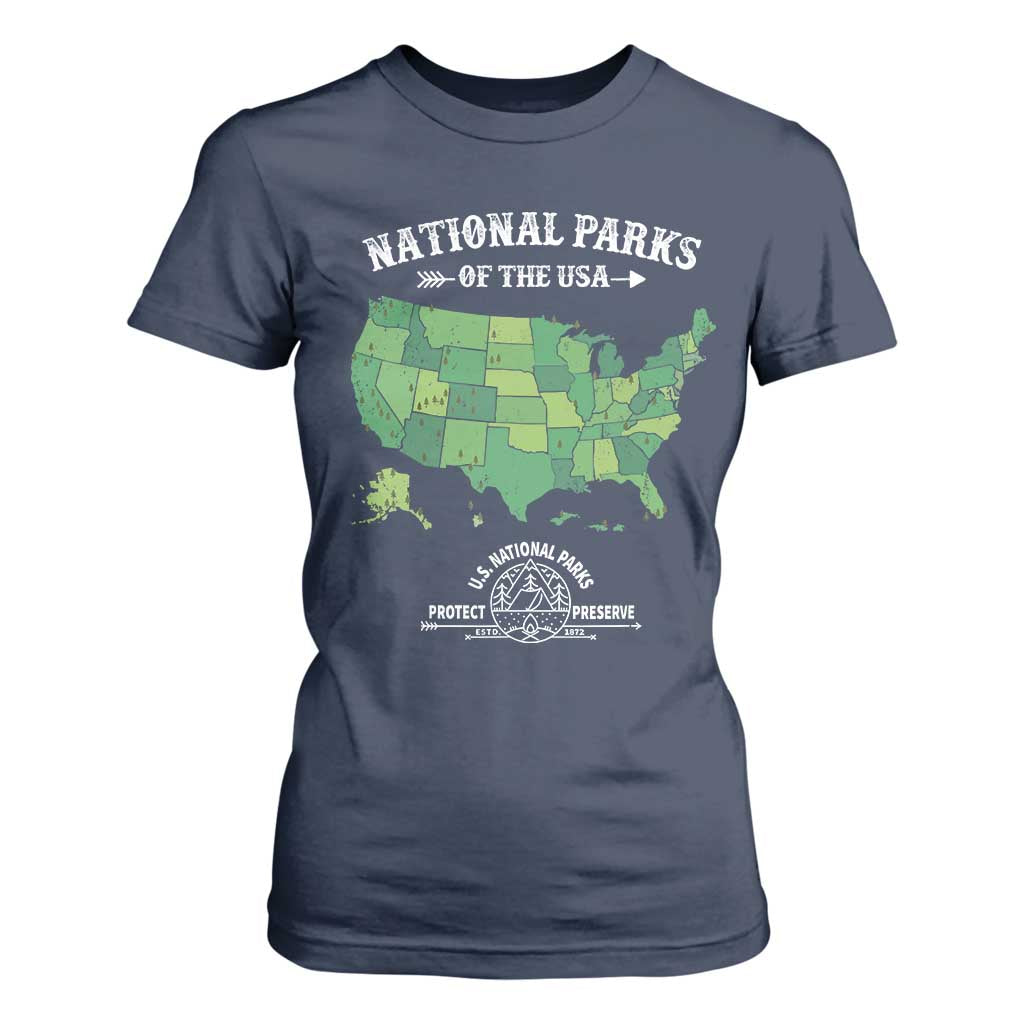 Protect And Preserve National Parks T Shirt For Women ESTD 1872 Vintage Forest American Map TS11 Navy Print Your Wear