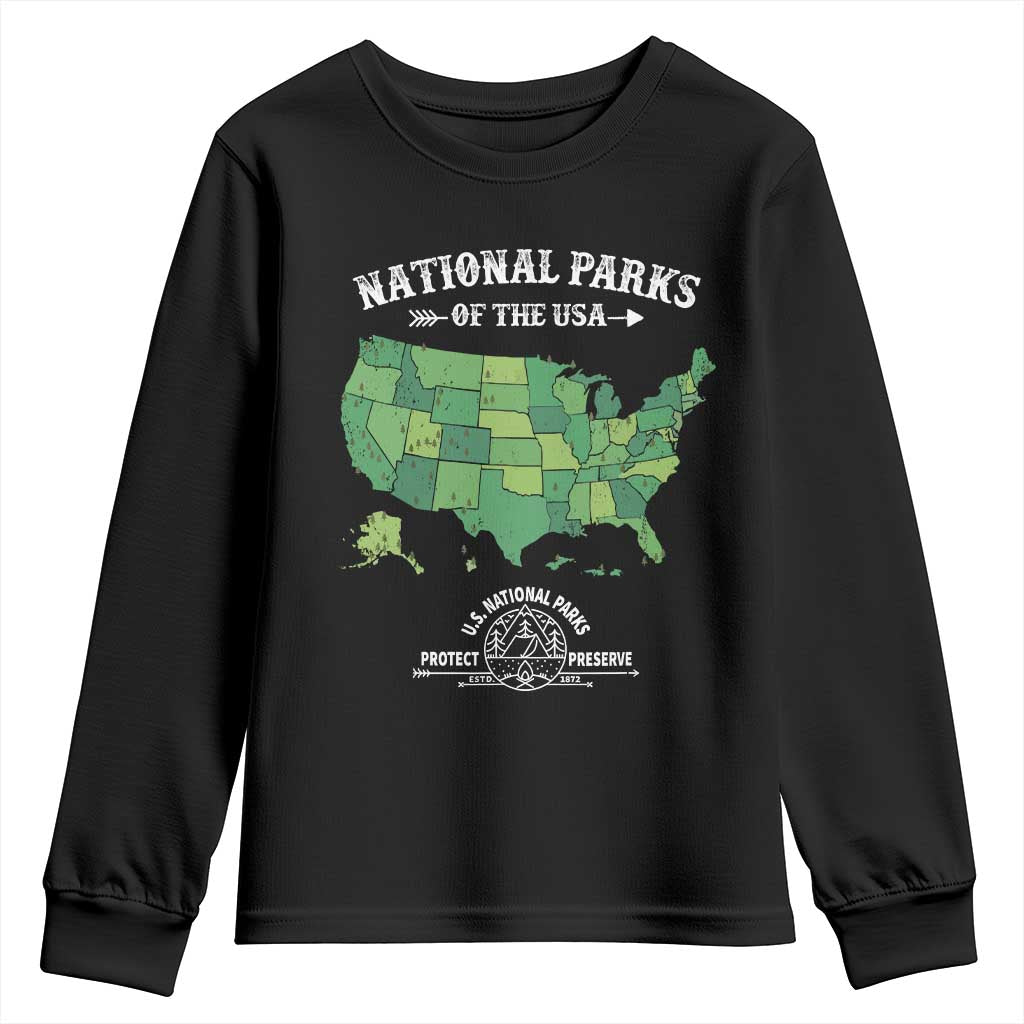Protect And Preserve National Parks Youth Sweatshirt ESTD 1872 Vintage Forest American Map TS11 Black Print Your Wear