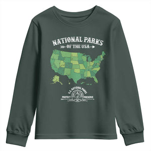 Protect And Preserve National Parks Youth Sweatshirt ESTD 1872 Vintage Forest American Map TS11 Dark Forest Green Print Your Wear