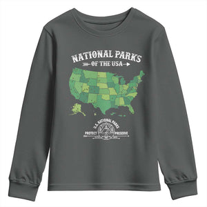 Protect And Preserve National Parks Youth Sweatshirt ESTD 1872 Vintage Forest American Map TS11 Dark Heather Print Your Wear