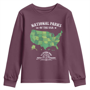Protect And Preserve National Parks Youth Sweatshirt ESTD 1872 Vintage Forest American Map TS11 Maroon Print Your Wear
