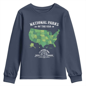 Protect And Preserve National Parks Youth Sweatshirt ESTD 1872 Vintage Forest American Map TS11 Navy Print Your Wear