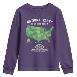 Protect And Preserve National Parks Youth Sweatshirt ESTD 1872 Vintage Forest American Map TS11 Purple Print Your Wear