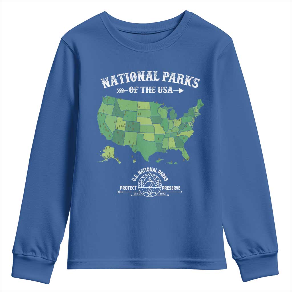 Protect And Preserve National Parks Youth Sweatshirt ESTD 1872 Vintage Forest American Map TS11 Royal Blue Print Your Wear