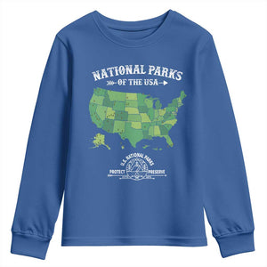 Protect And Preserve National Parks Youth Sweatshirt ESTD 1872 Vintage Forest American Map TS11 Royal Blue Print Your Wear