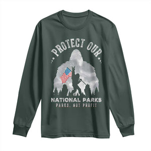 Funny Protect Our National Parks Bigfoot Long Sleeve Shirt Parks Not Profit American Flag TS11 Dark Forest Green Print Your Wear