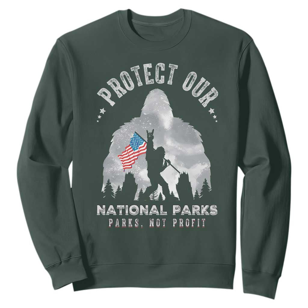 Funny Protect Our National Parks Bigfoot Sweatshirt Parks Not Profit American Flag TS11 Dark Forest Green Print Your Wear