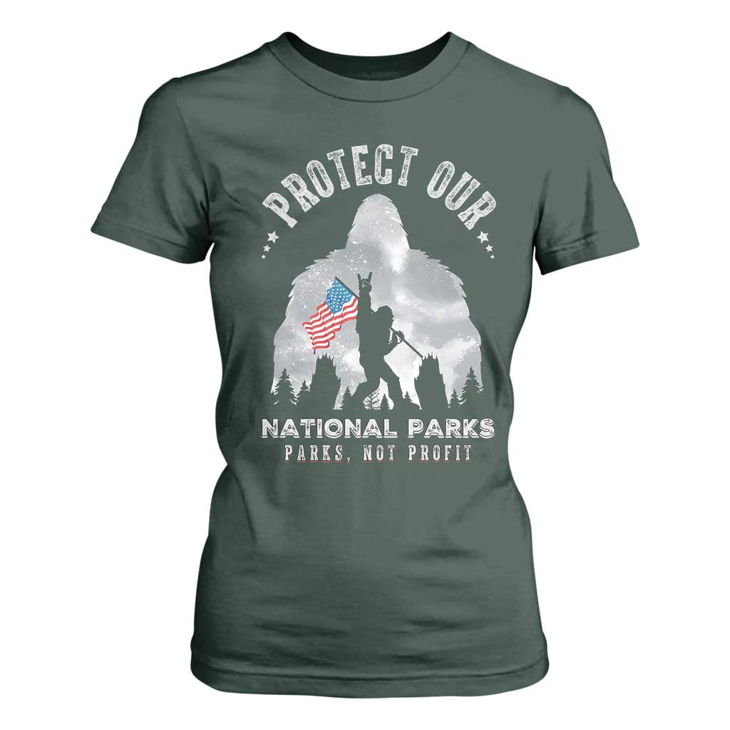 Funny Protect Our National Parks Bigfoot T Shirt For Women Parks Not Profit American Flag TS11 Dark Forest Green Print Your Wear