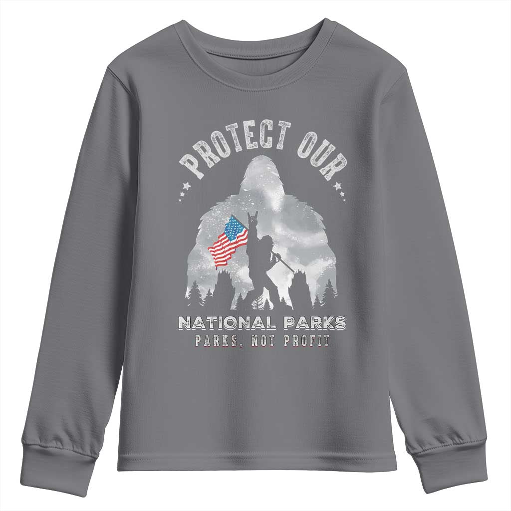 Funny Protect Our National Parks Bigfoot Youth Sweatshirt Parks Not Profit American Flag TS11 Charcoal Print Your Wear