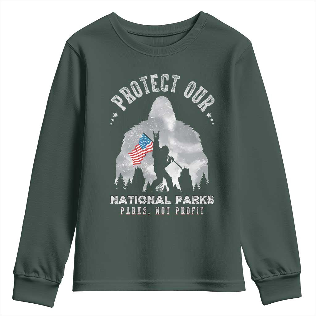Funny Protect Our National Parks Bigfoot Youth Sweatshirt Parks Not Profit American Flag TS11 Dark Forest Green Print Your Wear