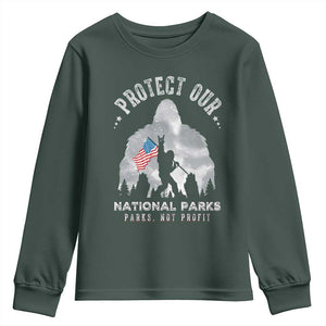 Funny Protect Our National Parks Bigfoot Youth Sweatshirt Parks Not Profit American Flag TS11 Dark Forest Green Print Your Wear