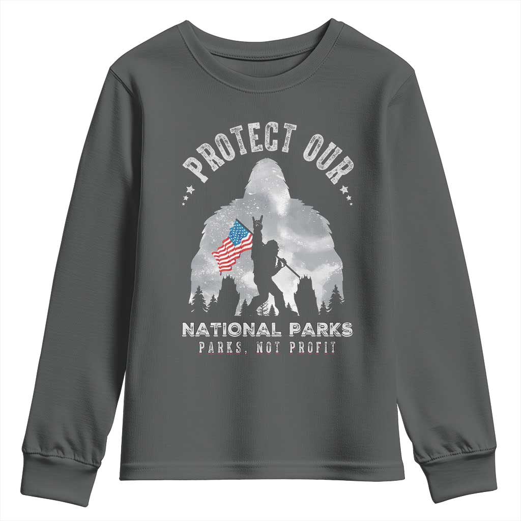 Funny Protect Our National Parks Bigfoot Youth Sweatshirt Parks Not Profit American Flag TS11 Dark Heather Print Your Wear