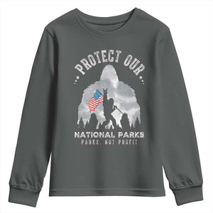 Funny Protect Our National Parks Bigfoot Youth Sweatshirt Parks Not Profit American Flag TS11 Dark Heather Print Your Wear