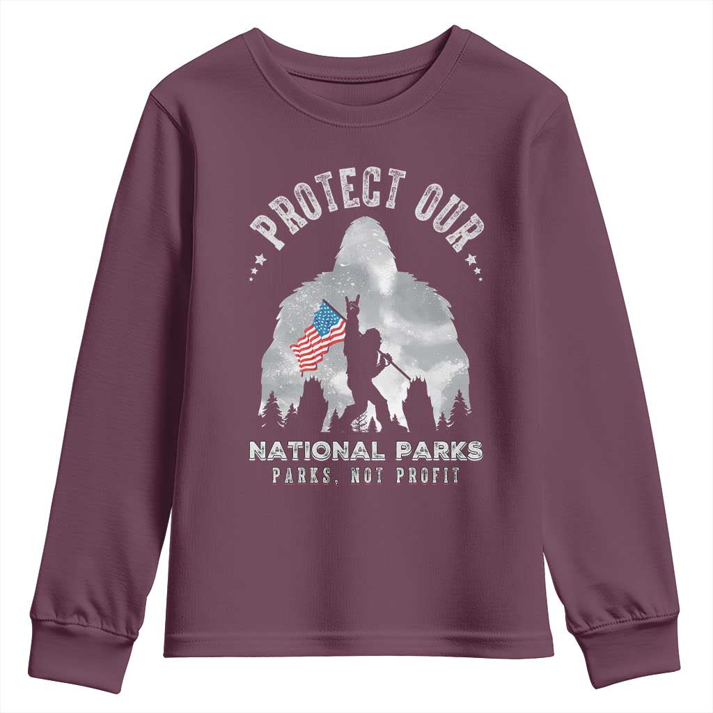 Funny Protect Our National Parks Bigfoot Youth Sweatshirt Parks Not Profit American Flag TS11 Maroon Print Your Wear