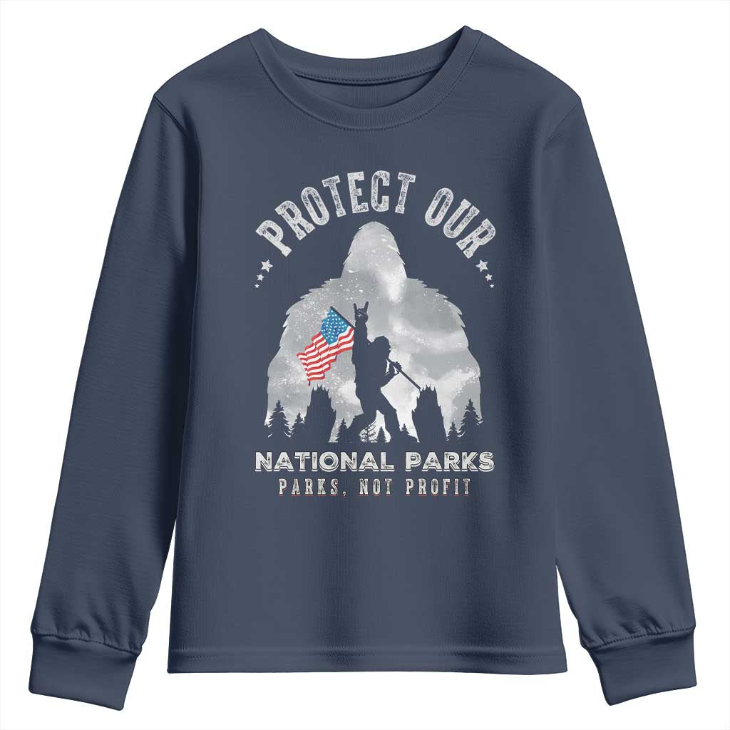 Funny Protect Our National Parks Bigfoot Youth Sweatshirt Parks Not Profit American Flag TS11 Navy Print Your Wear