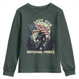 Save Our National Parks Bigfoot Youth Sweatshirt Vintage American Flag TS11 Dark Forest Green Print Your Wear